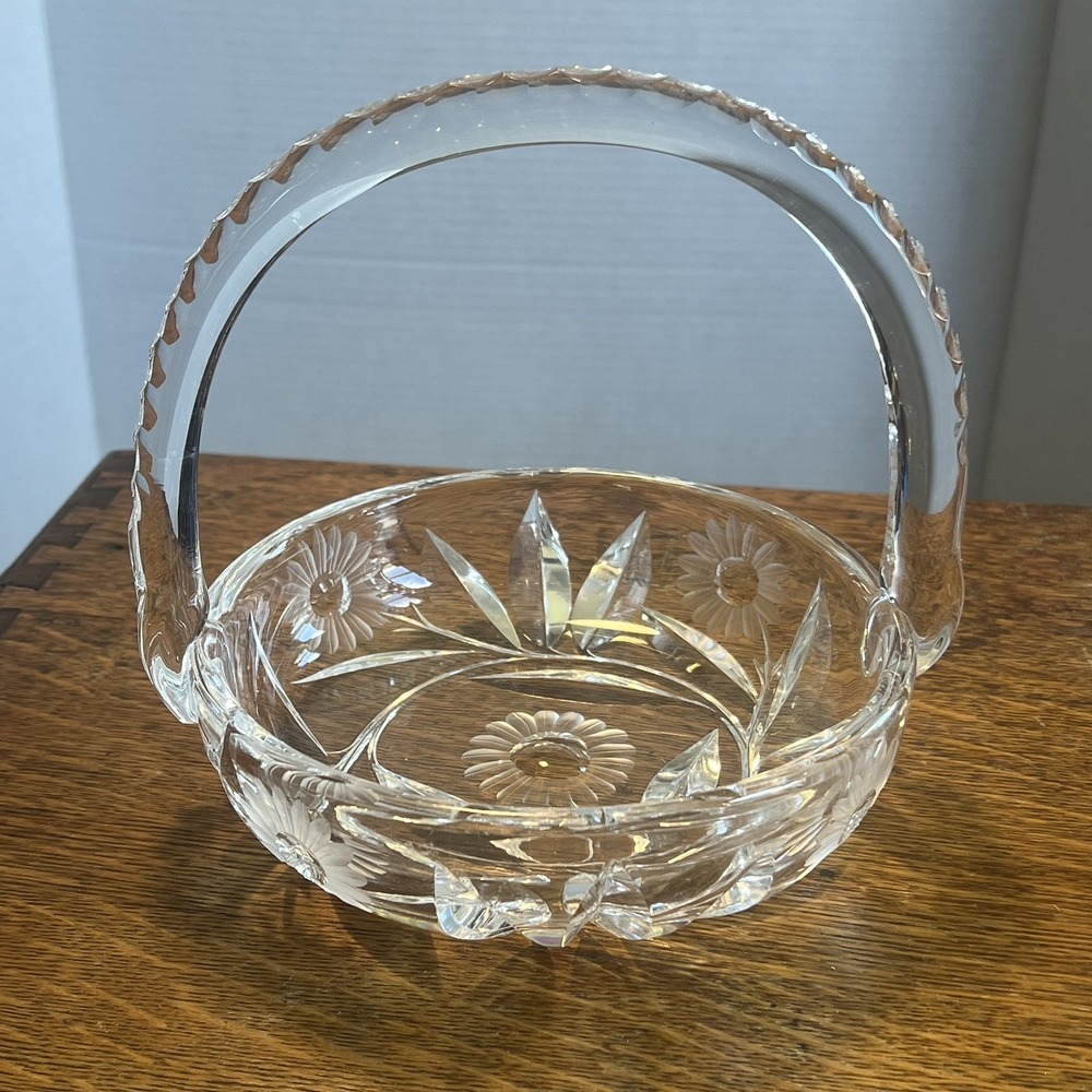 Crystal Clear Vintage Glass Basket Bowl Oval Cut Glass Floral 1970s Decorative